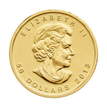 Load image into Gallery viewer, Obverse of 1 oz Canadian Gold Maple Leaf Coin, featuring Queen Elizabeth II portrait and "50 DOLLARS 2013" text.