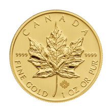 Load image into Gallery viewer, Reverse side of 1 oz Canadian Gold Maple Leaf Coin showing a detailed maple leaf, 'CANADA', and '9999 FINE GOLD 1 OZ OR PUR'