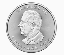 Load image into Gallery viewer, 2025 Canadian Maple Leaf 1 oz Silver Coin obverse featuring King Charles III, 5 Dollars, 2024. RCM .9999 fine silver.