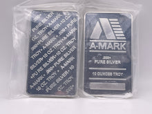 Load image into Gallery viewer, Two 10 oz A-Mark .999+ pure silver bullion bars in clear plastic, ideal for investment in Canada.