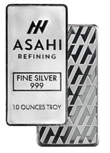Load image into Gallery viewer, Front and back of a 10 oz Asahi Mint .999 fine silver bar, clearly showing its details and stacking design.