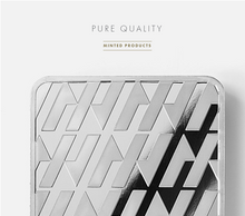 Load image into Gallery viewer, Close-up of a shiny 10 oz Asahi Mint silver bar with a repeating geometric pattern, labeled "PURE QUALITY MINTED PRODUCTS"