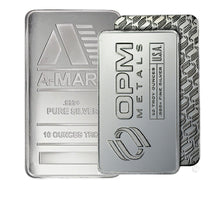 Load image into Gallery viewer, Two 10 oz silver bars, one A-Mark and one OPM Metals, both .999+ fine, for investment in Canada.