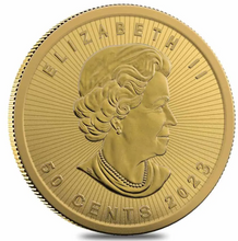 Load image into Gallery viewer, 2023 1 Gram Gold Maplegram 99.99% pure Canadian coin, Queen Elizabeth II obverse, 50 cents