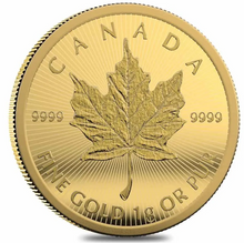 Load image into Gallery viewer, Royal Canadian Mint 1 gram .9999 pure gold Maplegram coin with textured maple leaf and CANADA lettering
