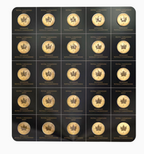 Load image into Gallery viewer, 25 Royal Canadian Mint 1g Gold MapleGram coins arranged in a grid on a black background.