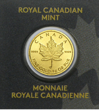 Load image into Gallery viewer, 1 Gram Royal Canadian Mint Gold Maplegram coin, .9999 pure gold, in black assay card. Shopify CA.
