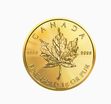 Load image into Gallery viewer, Close-up of a 1 oz Canadian Gold Maple Leaf coin, featuring a detailed maple leaf design and 'FINE GOLD 1 OZ OR PUR' text on a radiant background.