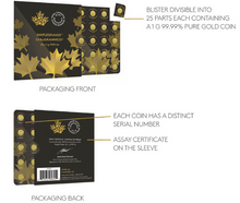 Load image into Gallery viewer, Front and back of Royal Canadian Mint 25g MapleGram gold sheet packaging, showing divisible blister & assay certificate.
