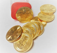 Load image into Gallery viewer, Group of shiny 1 oz Canadian Gold Maple Leaf coins with Queen Elizabeth II portrait and a red tube.