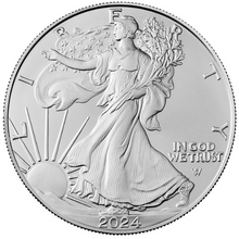 Load image into Gallery viewer, Obverse of 2024 1 oz Silver American Eagle coin showing Walking Liberty with sunrays, holding branches