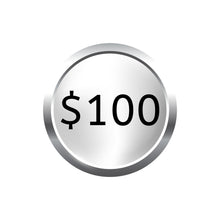 Load image into Gallery viewer, Silver gift token with "$100" text, representing the monthly subscription value.