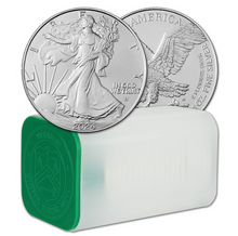 Load image into Gallery viewer, 2024 1 oz Silver American Eagle coins, obverse with Walking Liberty and reverse with eagle, shown with a 20-coin tube.