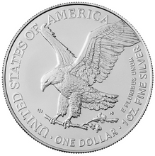 Load image into Gallery viewer, Reverse side of 1 oz Silver American Eagle coin showing an eagle landing with spread wings & oak branch.