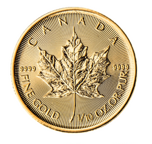 Load image into Gallery viewer, Close-up of a 1/10 oz Canadian Gold Maple Leaf coin, .9999 pure with a detailed maple leaf design.