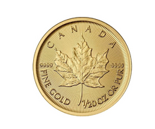 Load image into Gallery viewer, Close-up of a 1/20 oz Canadian Gold Maple Leaf coin showing the maple leaf design and text.