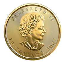 Load image into Gallery viewer, Close-up of a 2021 Canadian Gold Maple Leaf coin showing Queen Elizabeth II's portrait, '10 DOLLARS' & 'ELIZABETH II'.