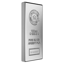 Load image into Gallery viewer, 100 oz Royal Canadian Mint silver bar, .9999 fine with RCM logo, serial number. Investment grade bullion.