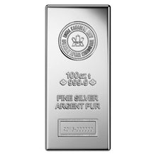 Load image into Gallery viewer, 100 oz Royal Canadian Mint silver bar, .9999 fine, with RCM logo and serial number, for investment