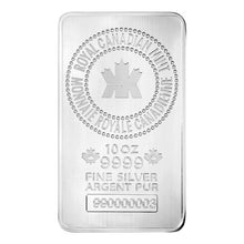 Load image into Gallery viewer, 10 oz Royal Canadian Mint .9999 pure silver bar, engraved with RCM logo and serial number, for secure investment.