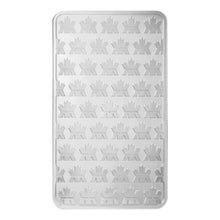 Load image into Gallery viewer, Back of 10 oz Royal Canadian Mint silver bar showing repeating maple leaf security pattern on .9999 pure silver.