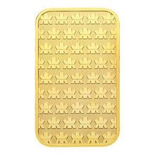 Load image into Gallery viewer, Close-up of a 1 oz Royal Canadian Mint 99.99% pure gold bar with a repeating maple leaf pattern.