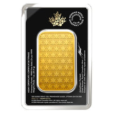 Load image into Gallery viewer, Royal Canadian Mint 1 oz 99.99% pure gold bar in secure assay packaging with maple leaf design.