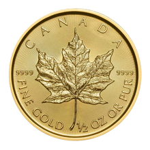 Load image into Gallery viewer, Close-up of a 1/2 oz Canadian Gold Maple Leaf coin, showing the detailed maple leaf design, 9999 purity