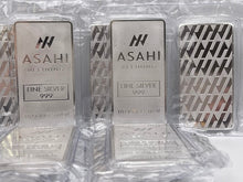Load image into Gallery viewer, Multiple 10 oz Asahi Refining .999 fine silver investment bars in clear protective packaging, showing front and back.