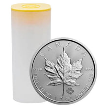 Load image into Gallery viewer, 2025 1 oz Canadian Silver Maple Leaf Coin with maple leaf design and a storage tube