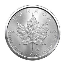 Load image into Gallery viewer, Front of 1 oz Canadian Maple Leaf silver coin, showing detailed maple leaf, 9999 purity, fine silver text.