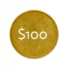 Load image into Gallery viewer, A gold coin with a white '$100' symbol on it, representing the monthly gold subscription cost.