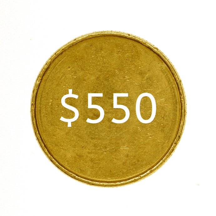 Close-up of a gold coin with '$550' in white text, representing a Gold Subscription for a Canadian Gold Maple Leaf Coin.